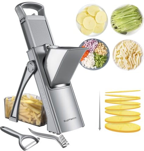 SupMaKin Mandoline de Cuisine Safety Slicer Manuelle Multifonction Tous Coupe Légumes Lame en acier inoxydable, Julienne, Cubes, Fcoupe Patate Frite carotte,Euroshopping (Gris)