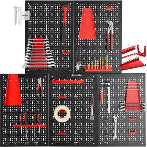 tectake® Werkzeug Lochwand aus Metall, 200 x 60 x 2 cm, Werkzeugwand Lochplatte, inkl. Werkzeughalter Set Haken und Halterungen, Wandregal Regalsystem für Werkbank, Garage, Werkstatteinrichtung - 5tlg