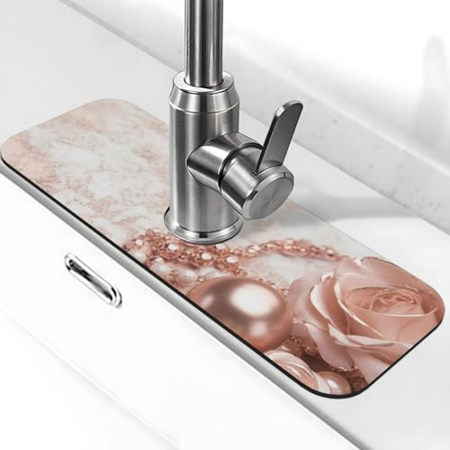 Blush Pink Rose Gold Faucet Mat for Kitchen Sink, Super Absorben Faucet Pad Splash Catcher, Diatomite Fast Drying Stone Faucet Handle Drip Catcher Tray Mat for Bathroom Sink Drying Pad 15 x 5.5
