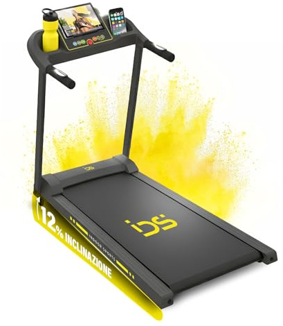 IDS G14 Tapis Roulant Elettrico Salvaspazio, Brand ITALIANO, Tappeto Corsa Extra Large (40 cm), 12 km/h, Inclinazione, Telaio Rinforzato, Display, Supporto Tablet, Garanzia e Assistenza ITALIA