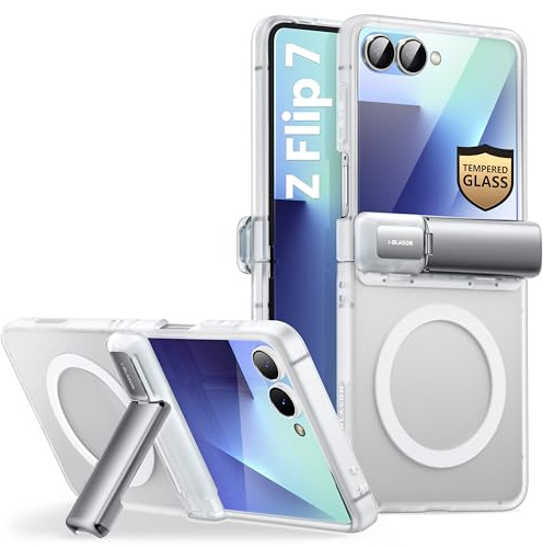 i-Blason Fodral för Samsung Galaxy Z Flip 7 (med stöd) [Tempered Glass Skärmskydd [Gångjärnsskydd] [Trådlös laddning] Ultratunt Frostat Magnetiskt Skal (Transparent)