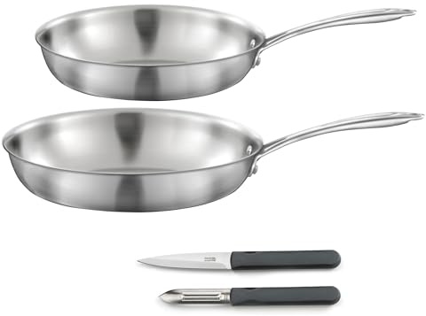 CUISINOX 2 poêles 24/28 cm triply + couteaux, Tous feux, Made In France | Set cuisson et coutellerie, Tous feux induction, Acier inox, Poignée fixe, Sans PFAS/PTFE/PFOA, Made in France