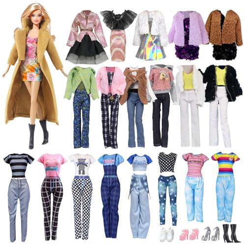 14 PCS Doll Clothes Outfit Compatible with 11.5 Inch Doll, Fashion Doll Clothes with 1 Brown Coat 2 Skirts 3 Jackets 1 Half Skirt 1 Pinafore Sress 1 Trousers 1 Jumpsuit 4 Shoes, Random Style