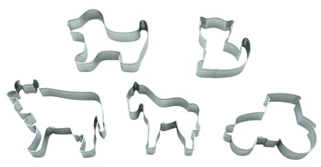 BekkiB – set med 5 ranch – traktor, hund, katt, häst och ko – diskmaskinssäkra kakformar av rostfritt stål – för bakning för kakor – 998860