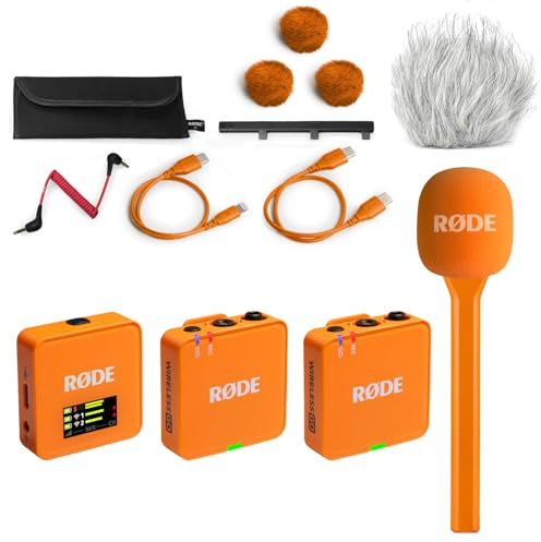 Rode Wireless GO Gen 3 - Sistema radio wireless a 2 canali con intervista GO, adattatore manuale arancione e keepdrum, protezione antivento in pelliccia