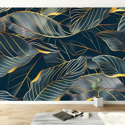 Papier peint panoramique luxe feuilles de bananier rayures, Papier peint intissé bleu foncé art esthétique moderne pour salon adulte chambre d'Enfants restaurant décoration murale 300L x 210H cm