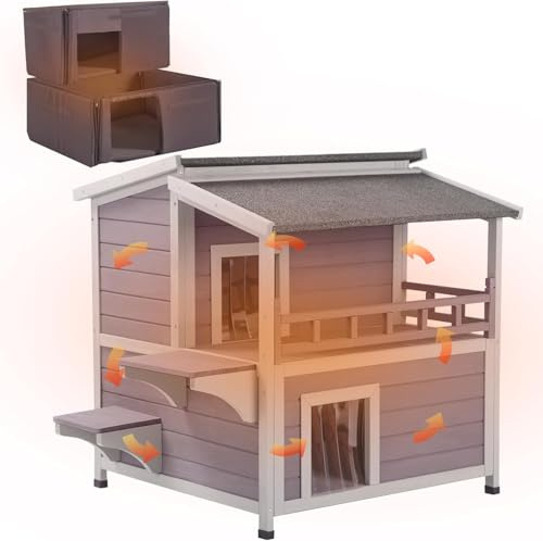 Aivituvin Katzenhaus Outdoor Winterfest aus Holz, Isoliert Feral katzenhöhle Wetterfest für Winter Doppelzimmer und wasserdichter Wildkatzen Schutthaus für den Winter (Grau, L mit isolierter)