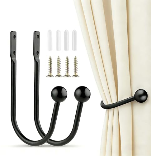 Curtain Tieback Holdbacks, 2pcs Metal Curtain Hooks for Wall Mounted, Curtain Drapery Holder Pull Backs for Hanging Items and Window Decoration, Black