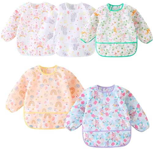Hafftnun Bavoirs à Manches Longues Imperméables,Lot de 5, Tablier Peinture Enfant aux Enfants de 5 Mois à 3 Ans (5 Pcs Set B)