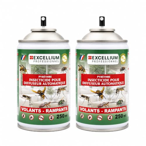 EXCELLIUM PROFESSIONNEL Lot de 2 Recharges Pyrèthre 250 ml pour Diffuseur Automatique - Anti Mouches Moustiques Guêpes Mites Araignées