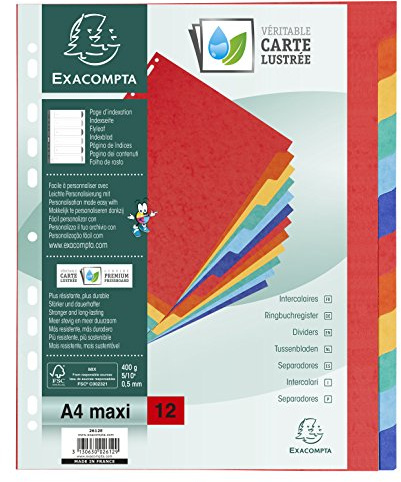 Exacompta - 2612E - Separadores en auténtica cartulina rígida brillante 400g/m2 FSC® con 12 pestañas neutras - Página de indexación proporcionada - Formato a archivo A4maxi - Dimensiones 24,5x29,7cm
