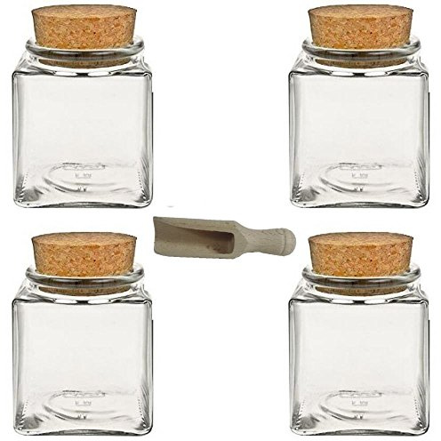 Viva Haushaltswaren - 4 bocaux à épices carrés de 100 ML, en Verre avec Bouchon en liège, utilisable comme boîte à épices et boîte de Conservation pour épices, sel, etc. (avec Petite Pelle en Bois de