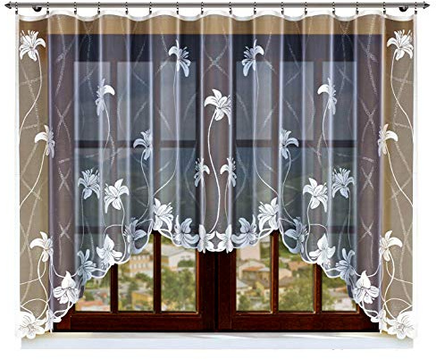 Haft Jacquard-Gardine mit eingenähtem fältelndem Band, weiß mit Motiv (140,150,160x300) (140x300)