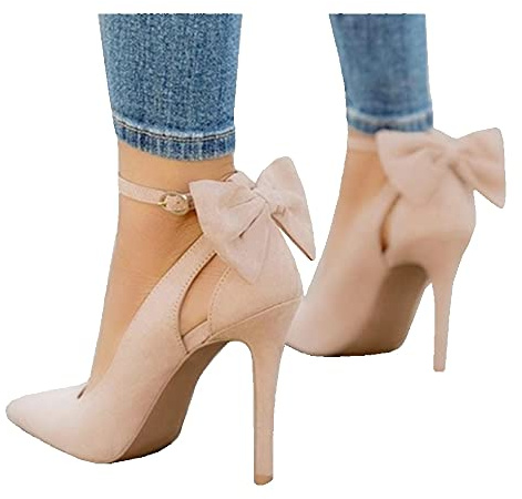 Fashare Womens High Heels Pointed Toe Bowtie Back Ankle Buckle Strap Wedding Evening Party Dress Pumps Shoes A-Beige