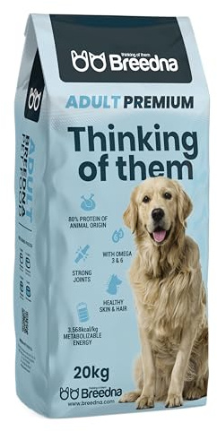 BREEDNA - Adult Premium 20kg | Pienso para Perros Adultos con Pollo Deshidratado | con 80% de Proteína y Ácidos Grasos Omega 3 y 6 | Comida para Perros Ideal para Actividad Física Media/Alta