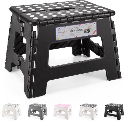 HOUSE DAY Folding Step Stool 9 Inch, Sturdy Foldable Stool with Carry Handle, Collapsible Step with Non-Slip Surface for Kids And Adults, Portable & Compact Design for Kitchen, Bathroom, Camping-Black