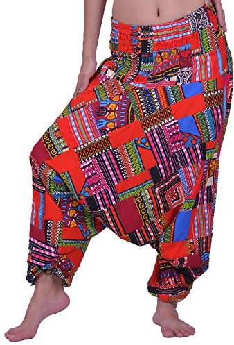 Lofbaz - Pantaloni Harem femminili per yoga, stile patchwork, boho, hippie, bohémien, Aladino, unisex - Rosso - Taglia Unica