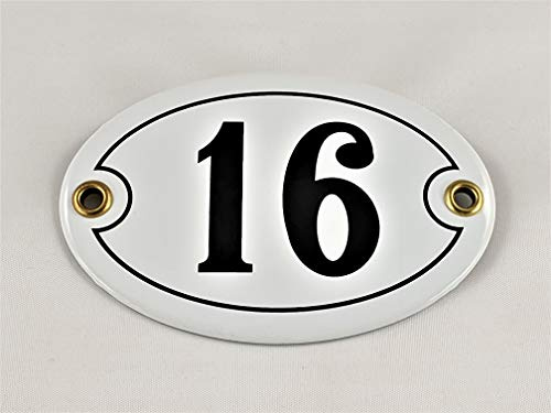 Emaille Hausnummer Schild Nr. 16, oval, Weiß-Schwarz Handarbeit