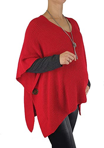 Mimosa Maternity Ladies One Size Knitted Warm Oversized V-Neck Poncho Cape with Side Buttons (One Size, Red)