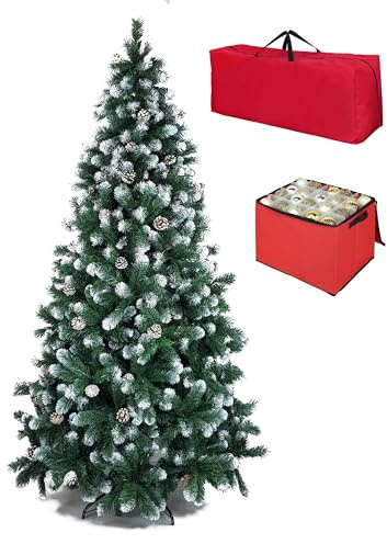 Totò Piccinni Albero di Natale Artificiale NOEL, Folto, Effetto Realistico, Rami a Gancio, Facile Montaggio, PVC, Ignifugo, Incluso Borsa e Porta Palline (210 cm, Punte Innevate e Pigne)