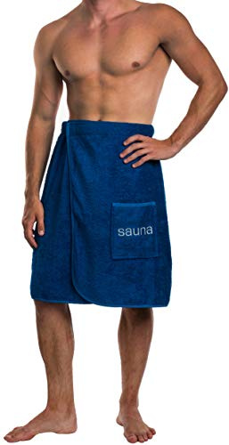 Brandsseller Toalla de sauna para hombre con cierre de velcro, goma elástica y bolsillo 100% algodón, color azul