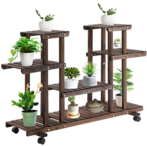 Outsunny Scaffale Portafiori a 4 Livelli, Fioriera da Esterno e Interno in Legno con 4 Ruote, 123.5 x 33 x 80cm