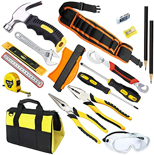 QeeHeng 18-teiliges Kinder-Starter-Kit, einschließlich Werkzeugtasche, Hammer, Kindersicherung, Zange, Schraubenschlüssel, Schraubendreher, DIY-Jungen- und Mädchenwerkzeug, Anfängergeschenk
