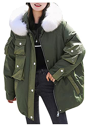 HHMY Veste d'hiver pour femme avec capuche en fourrure synthétique – Manteau d'hiver chaud coupe-vent Veste matelassée à capuche Veste fonctionnelle d'extérieur Baggy Outwear Taille M – XL, Vert