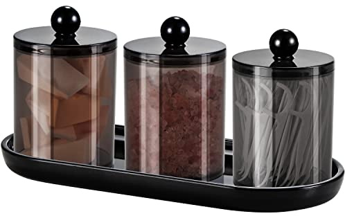 Qtip hållare badrumsset med bricka (4 st) – 3-pack apotekare i akryl plast Qtip dispenser behållare med lock och etiketter, 1 pack sminkbricka, för bomullsboll, bomullspinne (svart)
