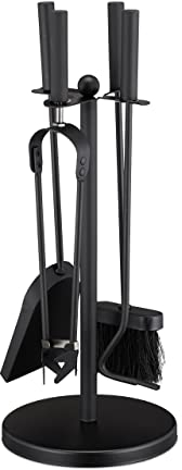 Relaxdays Set Camino, 5 Accessori, Paletta, Scopino, Pinza, Attizzatoio e Porta-Attrezzi in Acciaio, Nero