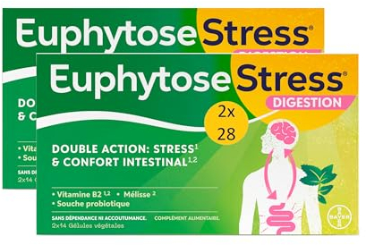 Euphytose Digestion & Anti Stress - Double Action Infoncort Intestinal & Anti Stress Adulte - Complément Alimentaire - Probiotique Flore Intestinale & Détox - Maxi Format 56 Gélules programme 1 Mois