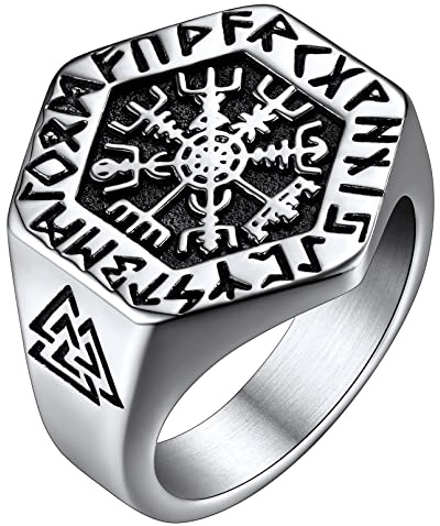 FaithHeart Herren Jungen Viking Kompass Fingerring mit Rune Wikinger Siegelring mit Vegvisir Nordischer Style Fingerring in Größe 67.2 für Freunden Ehemann