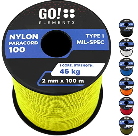 Paracord 100 typ I | ø 2 mm – 3 kärnor – max. 45 kg | 100 % nylonsnöre, rep – slitstarkt | universalrep, överlevnadssnöre, nylonrep, repsnöre och murarsnöre
