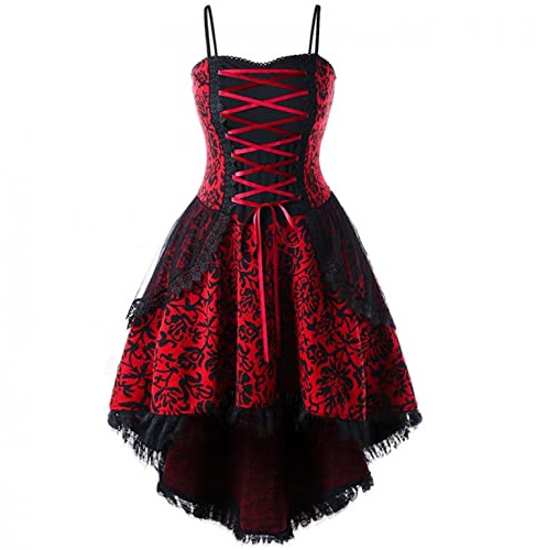 Women Gothic Style Dress with Corset Halloween Costume Summer Sleeveless Sundresses Drawstring Waist Lace Sling Dress Red