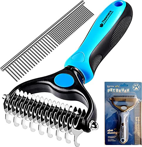 Theamers Dematting & Grooming Comb for Dogs and Cats, Pets Grooming Brush and Rake for Small, Medium & Large Dogs 17+9 Double Sided Deshedding Tool Removes Knots and Tangled Hair (Blue) (Blue)
