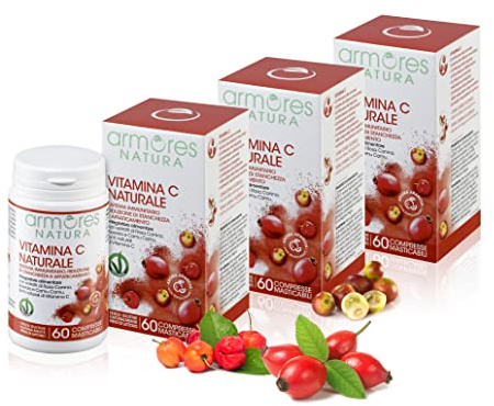 Armores Natura Integratori Alimentari, Vitamina C Naturale, Integratore a Base di Vitamina C da Acerola, Rosa Canina e Camu Camu, Aroma naturale Arancia, Vegano, 3 Pack con 60 Compresse Masticabili
