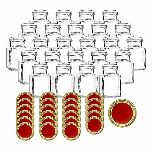 gouveo 24er Set Einmachgläser 150 ml eckig mit Schraub-Deckel rot-gold - Kleine Vorratsgläser mit Schraubverschluss - Leere Marmeladengläser, Einkochgläser, Aufbewahrungsgläser (EGE150RG)