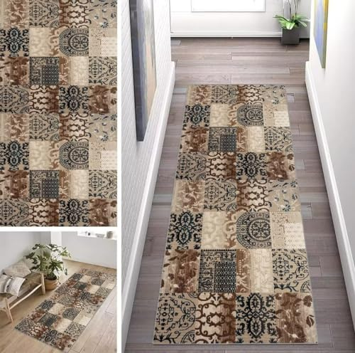 ZUZEKU Boho Marokko Läufer Flur Küche Waschbar rutschfest 50X250cm Lang Braun Vintage Küchenteppich Flurteppich Teppich Fur Korridor Wohnzimmer Schlafzimmer Meterware Anpassbar