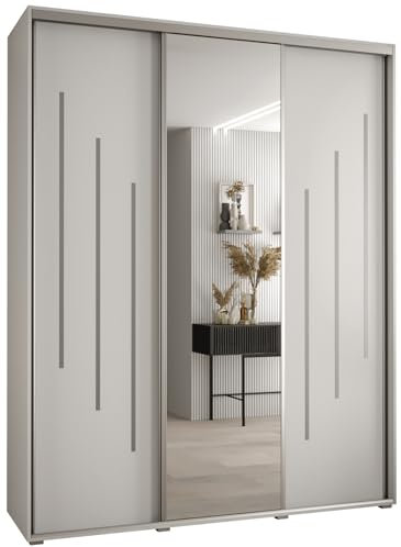 MEBLE KRYSPOL Davos 9 200 Schlafzimmerschrank mit DREI Schiebetüren - Moderner Aufbewahrungsschrank mit Spiegel, Kleiderstange und Regalen - 235,2x200x60 cm - Weiß Weiß Silber