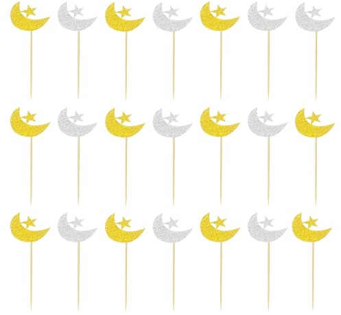 Bohue Eid Mubarak Cupcake-Topper, Glitzer, Mond und Stern, Ramadan, Kareem, Party-Dekorationen, islamische muslimische Party-Dekorationen, Partyzubehör, 21 Stück