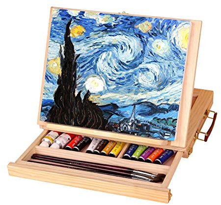 Qivine Tischstaffelei Set, Holz Tisch Staffelei Kofferstaffelei 27 x 35 cm Verstellbare Staffelei mit Schublade, Kiefernholz Malstaffelei Malkoffer für Maler, Künstler, Anfänger