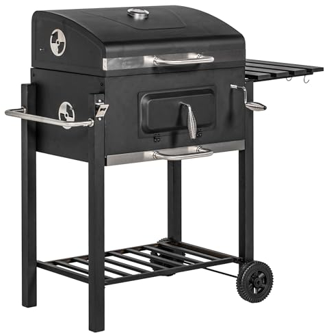 Outsunny Barbacoa de Carbón con Ruedas Barbacoa con Tapa Parrillas de Acero Inoxidable Termómetro Brasero Ajustable Bandeja Lateral y Estante 113x65x108 cm Negro