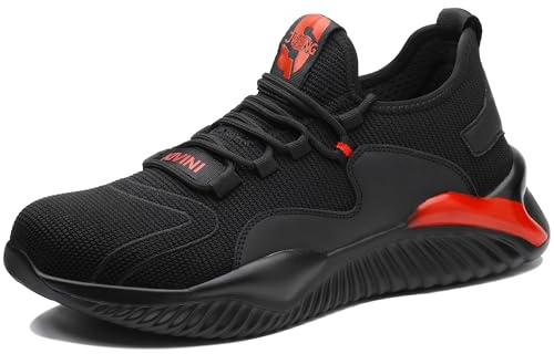 TOLHE Sicherheitsschuhe Arbeitsschuhe Herren Damen Sommer Damen Schuhe mit Stahlkappe Dachdeckerschuhe rutschfest Arbeitsschutzschuhe Arbeitsschuhe Leicht Sportlich Schwarz Rot 44EU