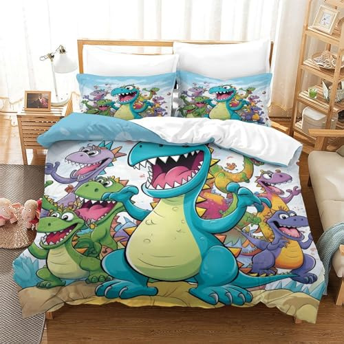 Dinosaurio Juego De Sábanas Y Fundas Nórdicas Impresas En 3D Microfibra Suave Dinosaurio de dibujos animados Fundas De Almohada Cremallera Adecuado Para Niños Adolescentes Y Adultos 3 Pcs 140x200cm