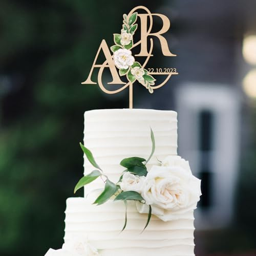 Party to Be Personalized Wedding Cake Topper in Wood Custom Initials & Date Wedding Cake Decoration Printed with Flowers & Green Leaves