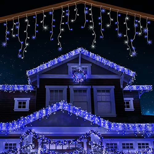 ANSIO® Outdoor Christmas Lights 120 LED 4m/13ft Icicle Lights Outdoor & Indoor Blue and Cool White Alternative String Fairy Outside Lights with Timer for Xmas Garden & Party|Mains Powered White Cable