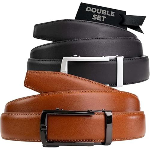 Nordform Herren Premium Ledergürtel-Set – Keine Löcher, Verstellbare Ratsche, Kratzfeste – Skandinavische Qualität – Arbeit & Freizeit – Mattschwarz mit silberner Schnalle & Cognac mit Metallschnalle