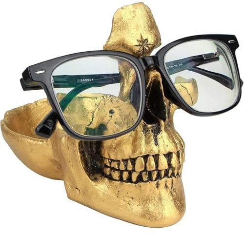 XINHAITC Skull Glasses Holder Stand,Novelty Gifts,Skull Glasses Holder with Tray, Resin Head Statue for Nightstand Organizer, Gothic Home Office Desk Decor Gift for Men and Women