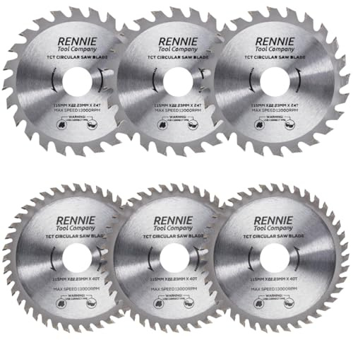 Rennie Tool 6pc 115mm x 22.2mm Bore x 24T 40T TCT Circular Wood Saw Blades | 7/8 Inch Bore (22.23mm) + 20mm & 16mm Reduction Rings. 24 & 40 Teeth Mini Circular Saw Blades For Woodworking Wood Cutting