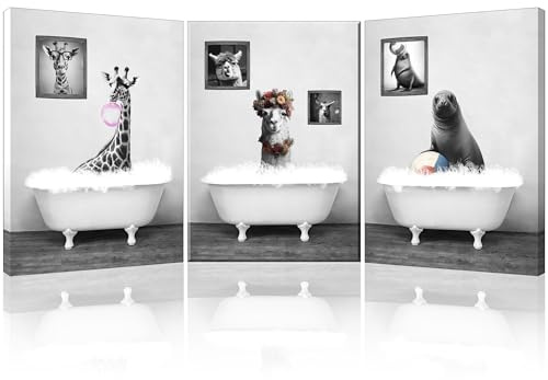 Piy Painting Tier Leinwand Malerei, Schwarz Weiß Kunstdruck Foto, Giraffe In Der Badewanne leinwandbilder, Große Gerahmtes Bild Für Schlafzimmer Badezimmer, 3 Stück, 58x40 cm (58x120 CM)